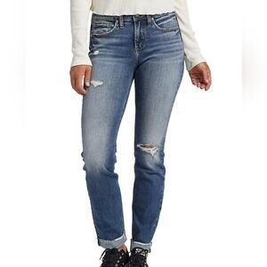 Sz 12 (W33 / L29) SILVER JEANS Medium Wash Distressed Suki Slim Straight Jeans